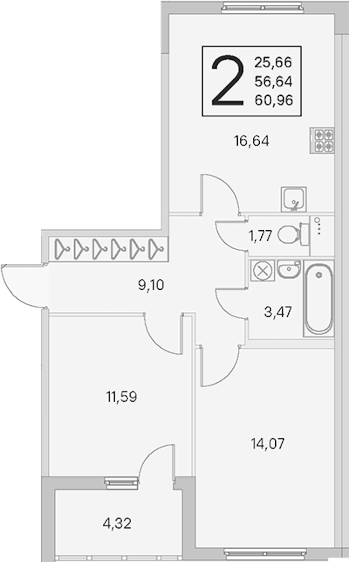 2-комнатная квартира 56.64 м², 1/4 эт., ЖК «Любоград в Стрельне»